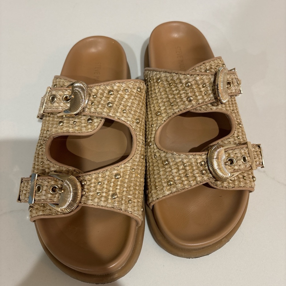 Steve Madden Woven Natural Slide Sandals with Buckle Detail